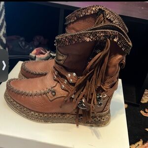 El Vaquero Italian Leather Studded Brown Ankle Boots with Fringe